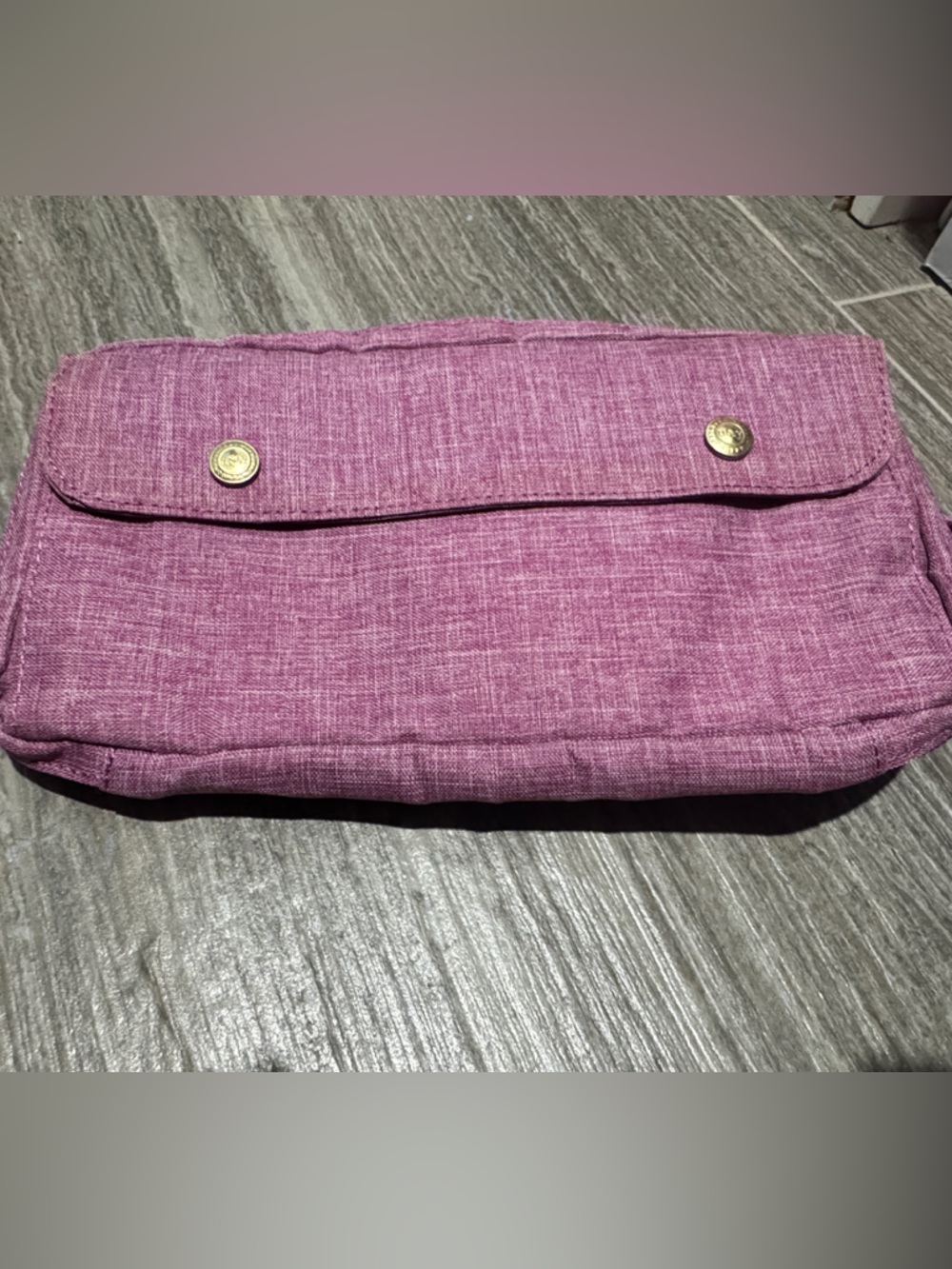 Compact Pink Fabric Cosmetic Pouch with Snap Detail